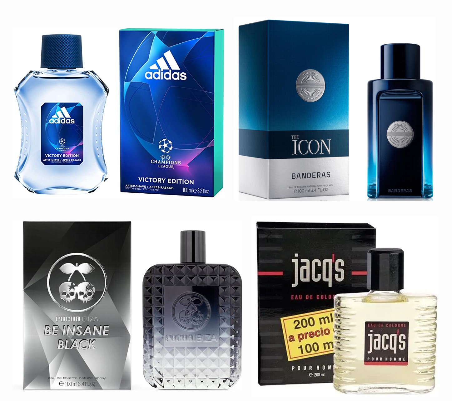 LOTE 9 DE HOMBRE: ADIDAS VICTORY EDT 100 ML TESTER + ANTONIO BANDERAS THE ICON EDT 100 ML TESTER + PACHA BE INSANE BLACK HIM 100 ML TESTER + JACQS 200 ML TESTER