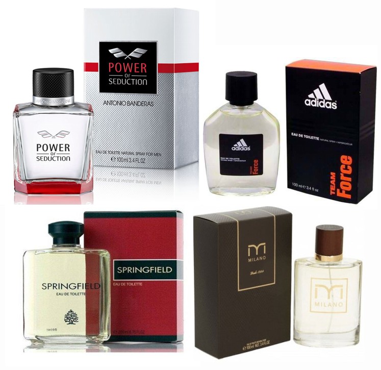 LOTE 1 DE HOMBRE: MILANO CLASSIC EDT 100 ML TESTER + SPRINGFIELD EDT 100 ML TESTER + ADIDAS TEAM FORCE EDT 100ML TESTER + ANTONIO BANDERAS POWER OF SEDUCTION EDT 100 ML TESTER