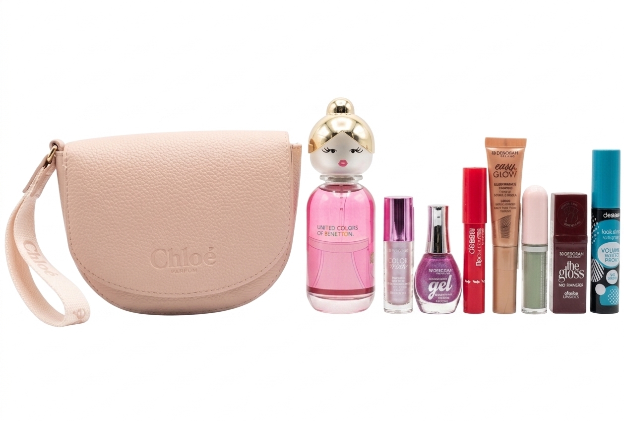 SET MINI BOLSO CHLOE + BENETTON SISTERLAND PINK RASPBERRY 80 ML @ + 7 PRODUCTOS MAQUILLAJE