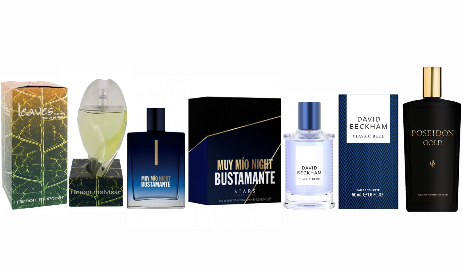 LOTE 13 DE HOMBRE: RAMON MOLVIZAR LEAVES HOMME EDP 75 ML  + BUSTAMANTE MUY MIO NIGHT (NOCHE) EDT 100 ML @ + DAVID BECKHAM CLASSIC BLUE MAN EDT 90 ML @ +  POSEIDON GOLD MAN EDT 150ML @( sin caja