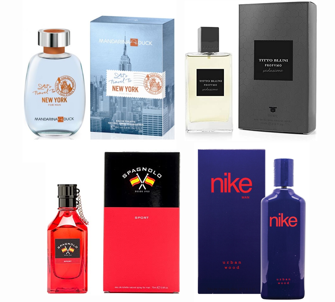 LOTE 20 DE HOMBRE: MANDARINA DUCK LETS TRAVEL NY MAN EDT 100 ML @ + TITTO BLUNI PROFUMO SEDUZIONE UOMO 75 ML @ + SPAGNOLO SPORT EDT 75 ML @ + NIKE URBAN WOOD EDT 75 ML @  