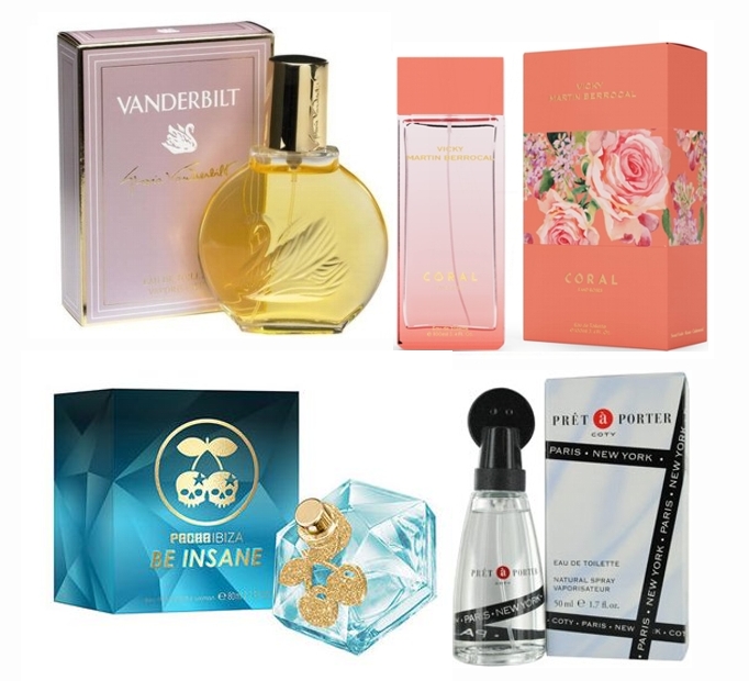 LOTE 25 DE MUJER: GLORIA VANDERBILT EDT 100 ML @ + BERROCAL CORAL EDT 100 ML @ + PRET A PORTER EDT 50 ML @ + PACHA BE INSANE WOMAN EDT 80 ML @