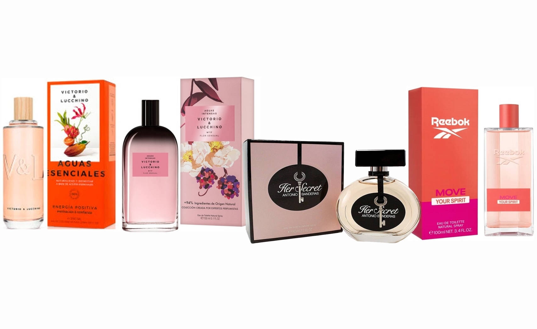 LOTE 9 DE MUJER: VICTORIO & LUCCHINO AGUA N 17 FLOR SENSUAL EDT 150 ML @ + ANTONIO BANDERAS HER SECRET EDT 80 ML @ + REEBOK MOVE WOMAN EDT 100 ML @ + V&L ENERGIA POSITIVA 250 ML @