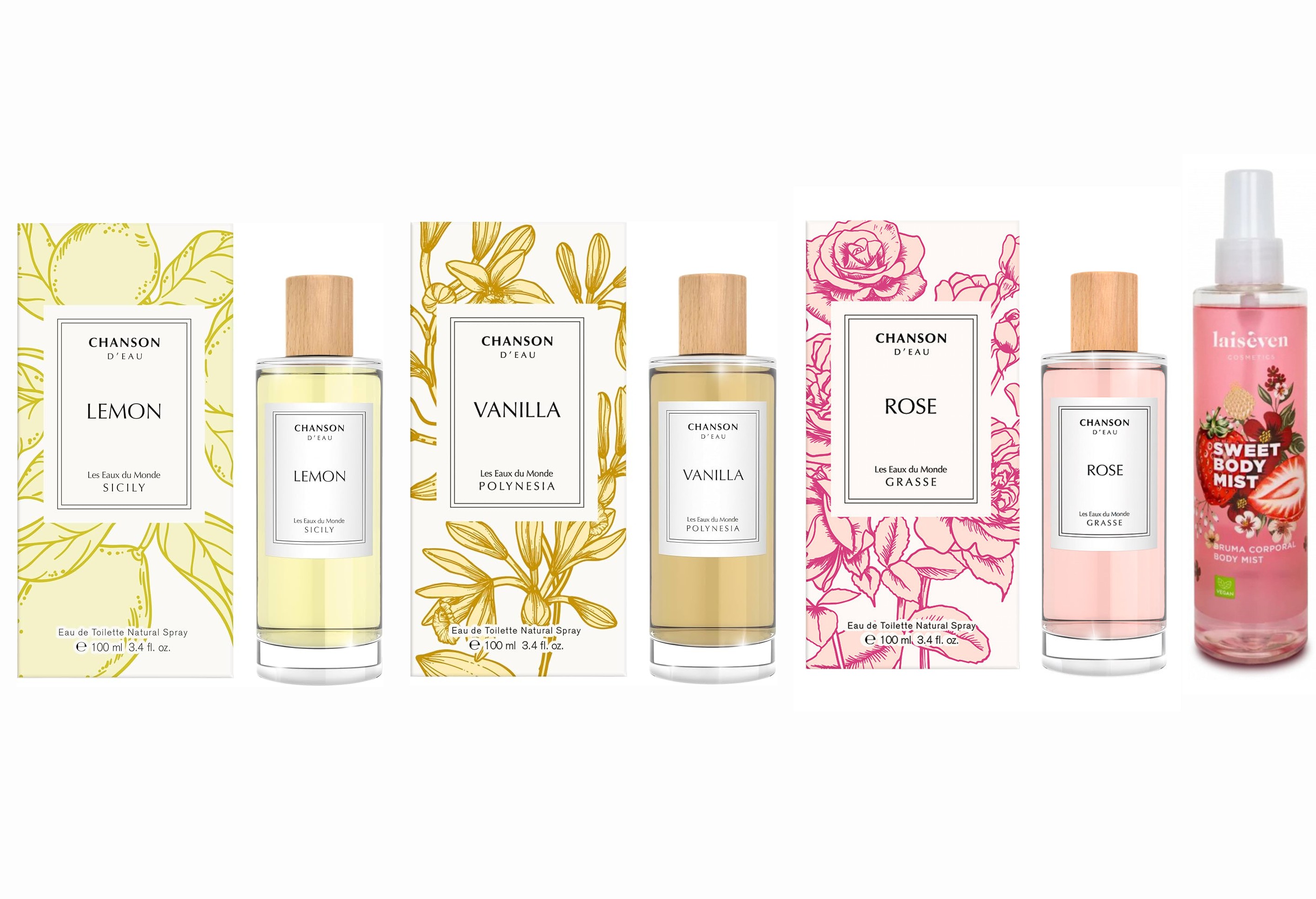 LOTE CHANSON DEAU AROMAS: VANILLA EDT 100 ML @ + LEMON EDT 100 ML + ROSE EDT 100 ML + REGALO SWET BODY MIST 200 ML @