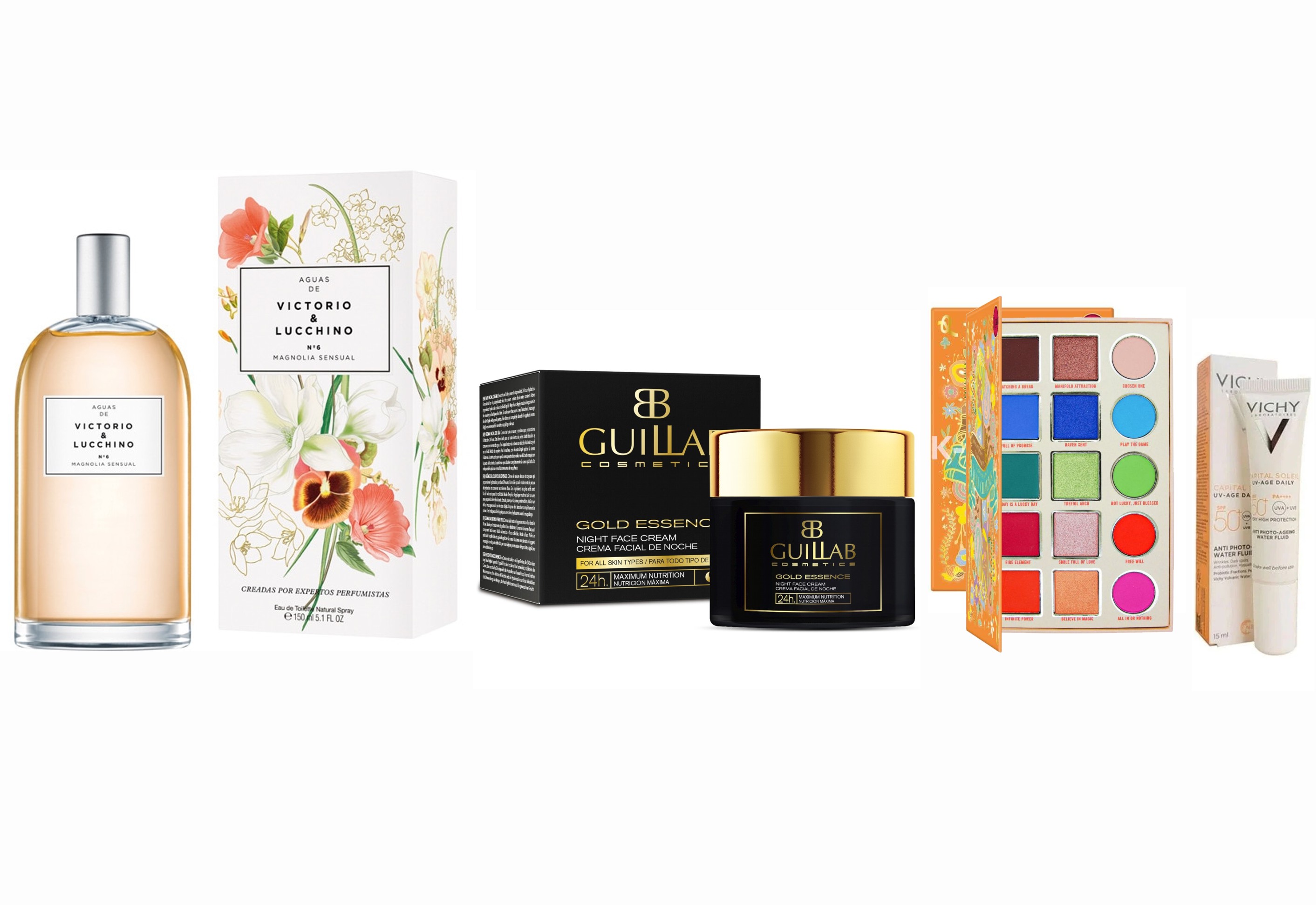 PACK ESPECIAL MUJER: VICTORIO & LUCCHINO AGUA N 6 MAGNOLIA SENSUAL 150 ML @ + GUILLAB GOLD ESENCE NIGHT 50 ML + PALETA 15 COLORES DE HOUSE OF QUEENS @ + VICHY CAPITAL SOLEIL UV-AGE DAILY SPF50 15 ML @ 