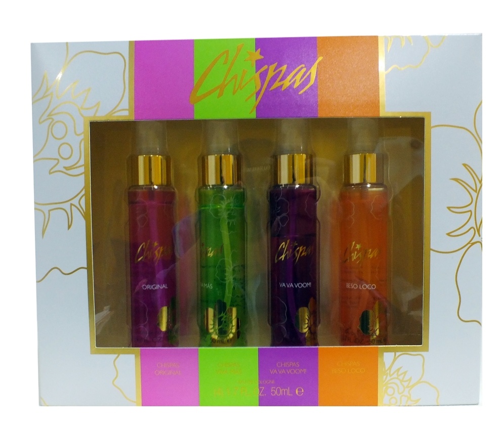 SET CHISPAS ORIGINAL EDT 50 ML + CHISPAS VIVA MAS EDT 50 ML + CHISPAS VA VA VOOM! EDT 50 ML + CHISPAS BESO LOCO EDT 50 ML REGULAR (Maximo 3 unidades por pedido) 